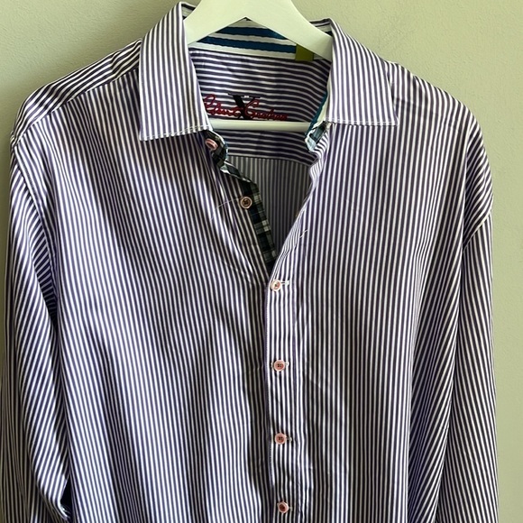 Robert Graham X Casual Button Down Shirt Striped Flip Cuff Size Large Purple - Picture 2 of 9